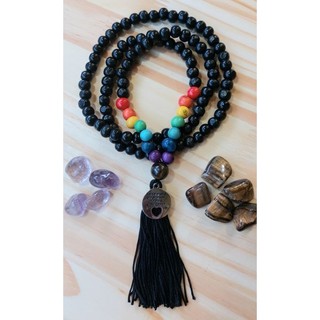 Japamala 108 contas Sete Chakras, com sementes de açaí, madeira preta e medalha ho'oponopono meru olho de tigre