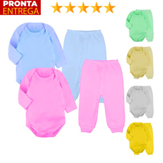 Kit 4 Peças Mijão E Body Manga Longa Liso Infantil Para Bebês em Oferta na Shopee