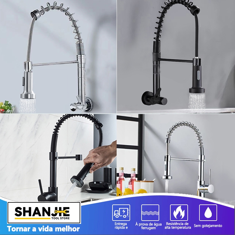 Torneira Cozinha Gourmet Monocomando com pulverizador removível  de Mesa  /Em paredes（Cor preto/prata）