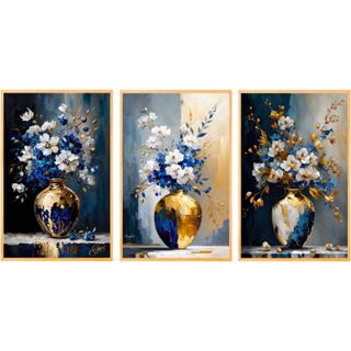 Quadro decorativo para quartos e salas flores azuis e brancas no vaso dourado luxo 3 peças n059( VASO FLOR AZUL) em Oferta na Shopee