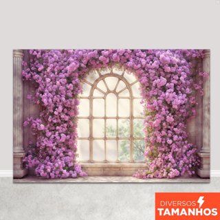 Painel Fotográfico Janela Flores Roxas Em Tecido FDM-130 em Oferta na Shopee