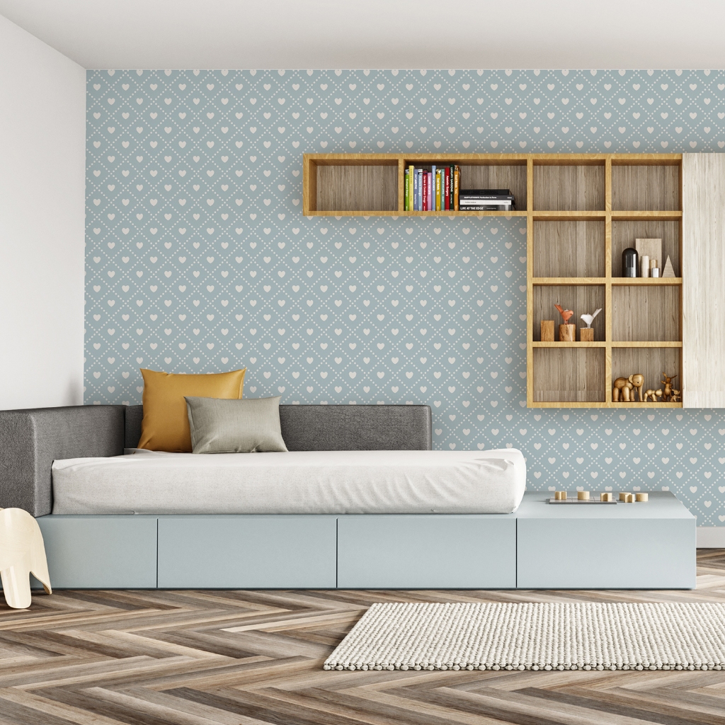 Papel de Parede Adesivo Coração Azul Corações Branco Decoração Sala Vinil Autoadesivo