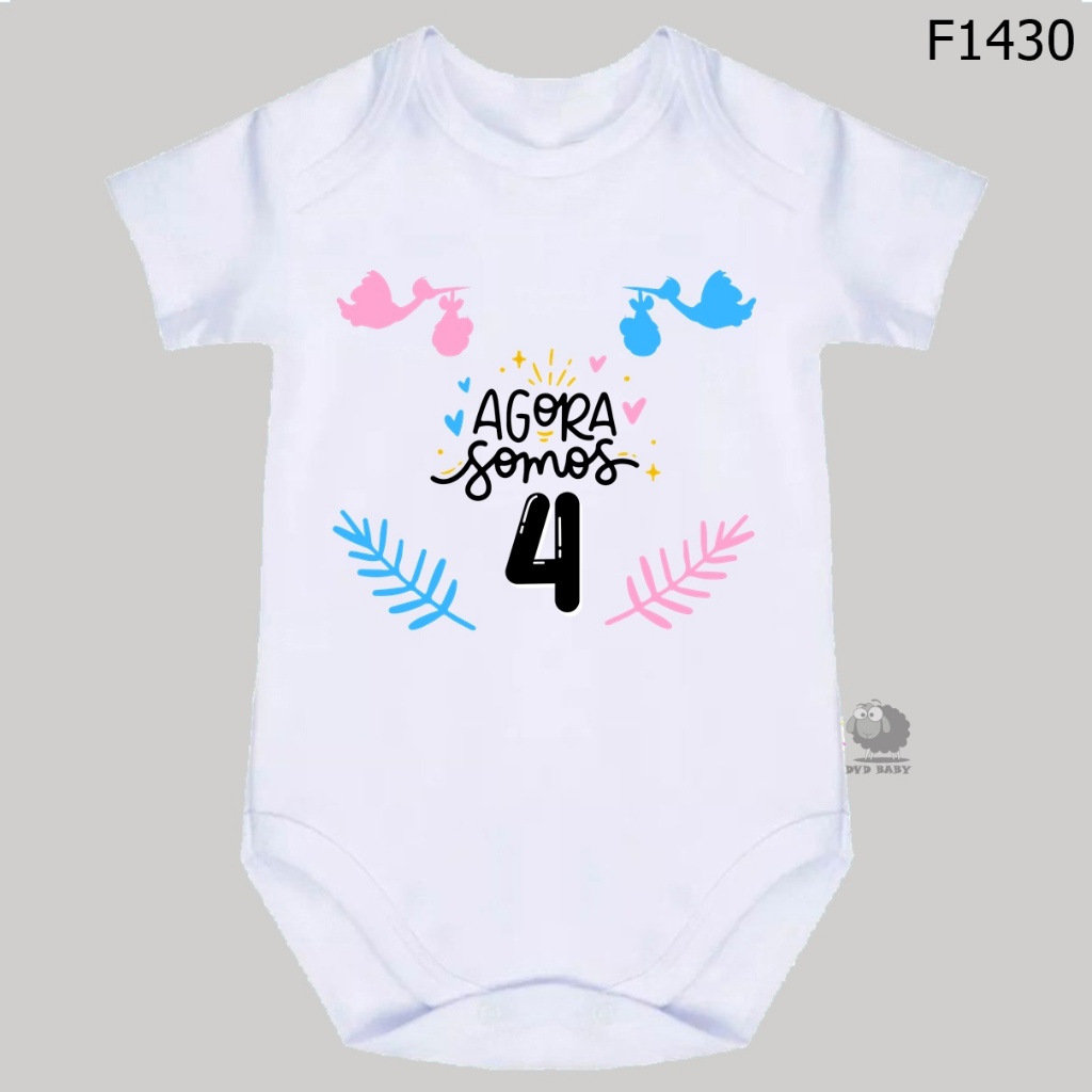 Body roupa de bebê frases Agora Somos 4 F1430 em Oferta na Shopee