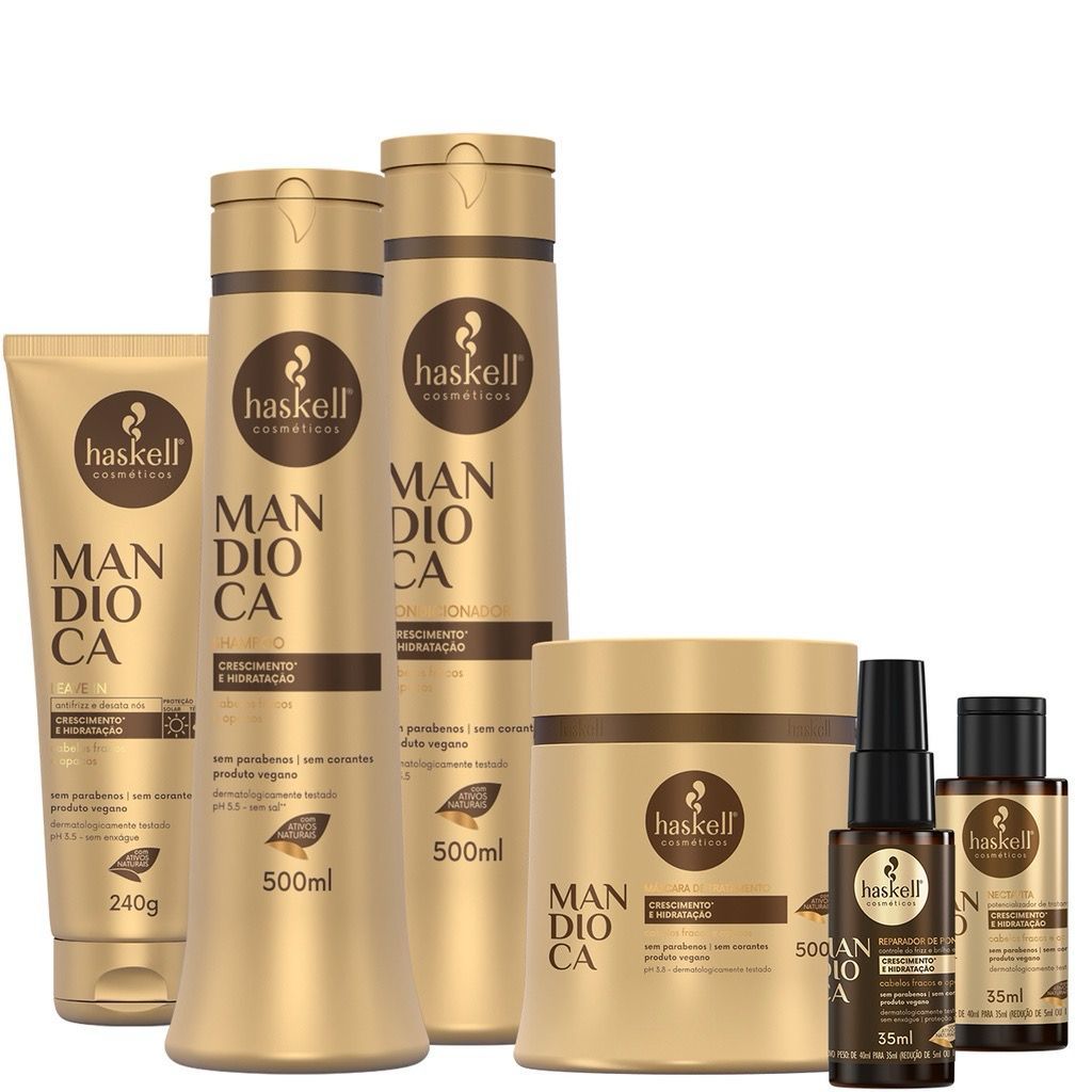 Kit Haskell Mandioca 6 Itens - Shampoo 500ml Condicionador 500ml Mascara 500g Leavein 240 Nectavita 35ml Reparador de pontas 35ml