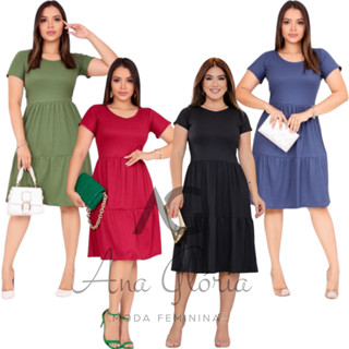 Vestido Três Marias Manga Curta em Malha Canelada Moda Feminina Evangélica Plus