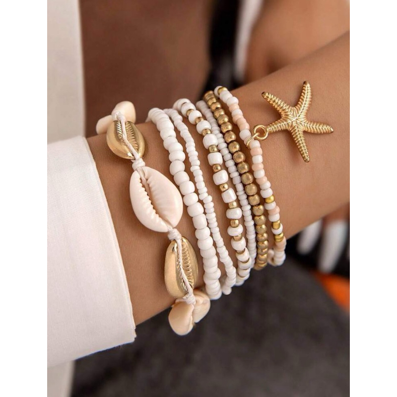Pulseira 7 Peças Trançada Com Pingente De Estrela Do Mar, Pulseira de Verão Praia, Calor, Estilo Boho em Oferta na Shopee