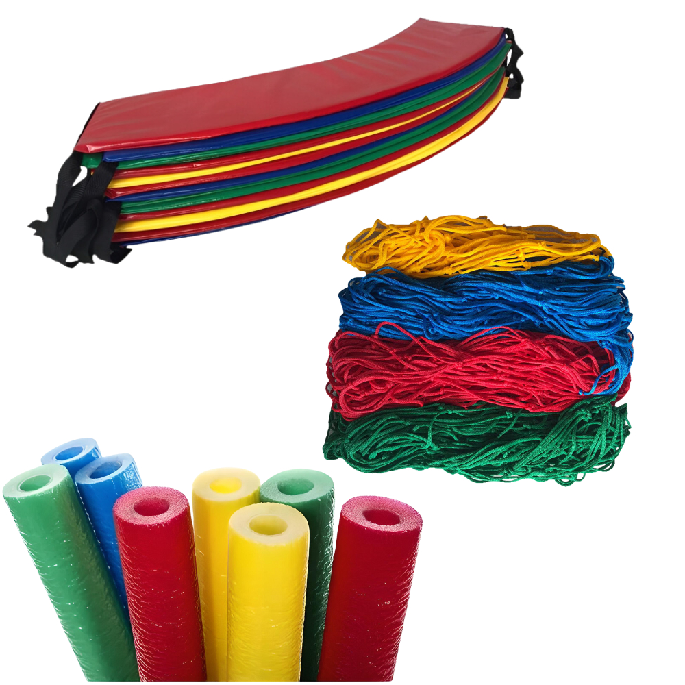 Kit de Acessórios Pula Pula Trampolim Cama Elástica 2,30m: Protetor de Mola 2,30m + 6 Isotubos + Rede Proteção