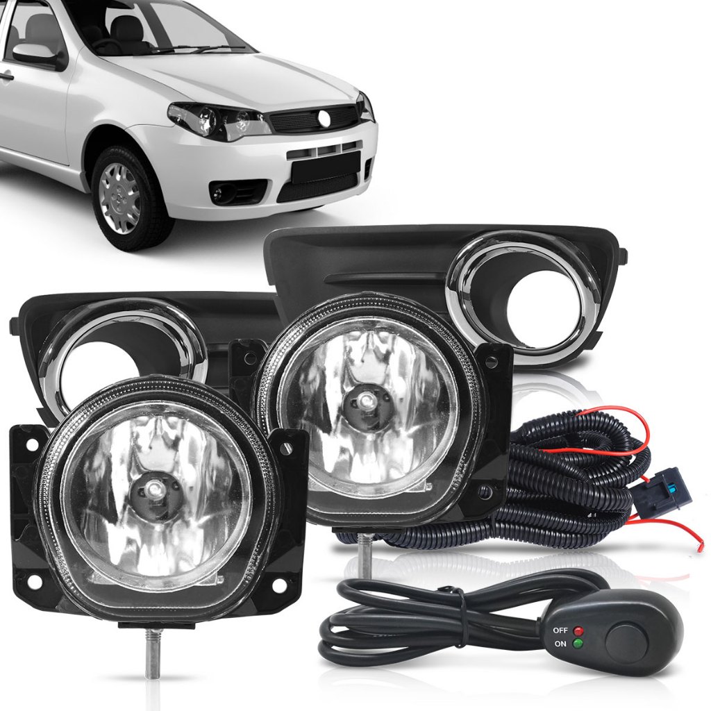 KIT FAROL DE MILHA PALIO FIRE ECONOMY 2007 2008 2009 2010 2011 2012 2013 2014 2015 2016 COM MOLDURAS E BOTÃ MODELO ALT.