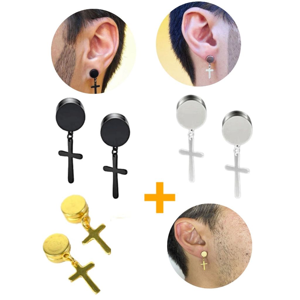 Kit Brinco Pressão Magnético Falso Alargador Ímã Preto Prata Dourado Pingente Cruz Aço Inox 3 Pares