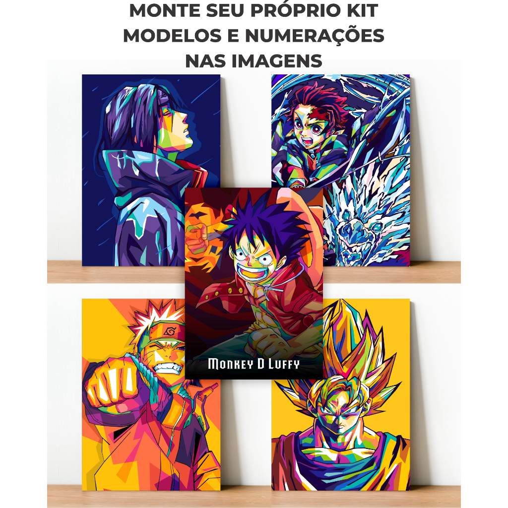 Kit 5 Quadros Decorativos Mix de Animes 9,5x14,5 Placa Decorativa Já Acompanha Dupla Face Naruto One Piece Dragon Ball HunterxHunter Demon slayer