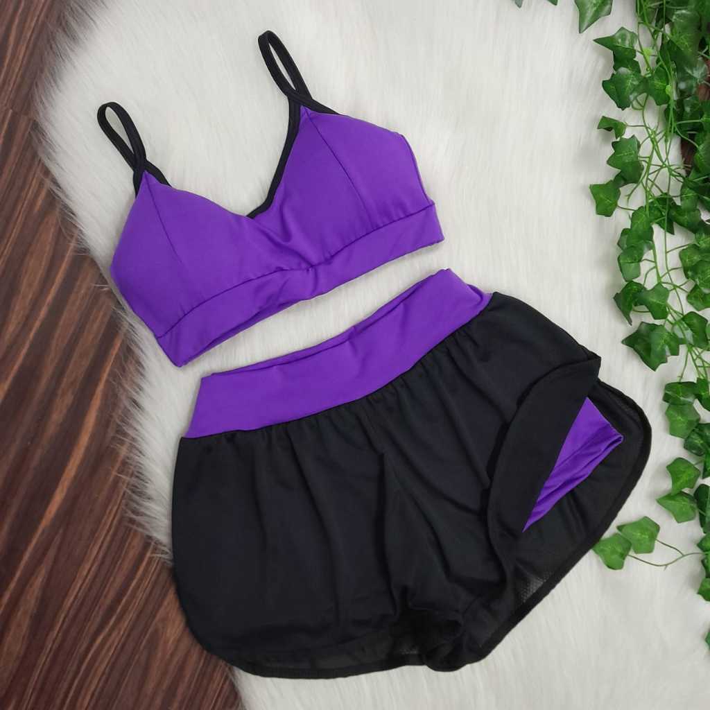 Conjunto Shorts Duplo e Top com Bojo Fitness Academia