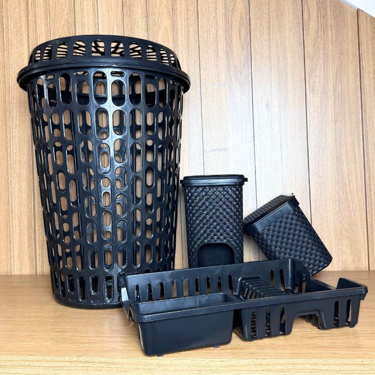 Conjunto Elegante 4 peças: Cesto Telado 60l + Escorredor + Lixeira 07l + Lixeira 05l