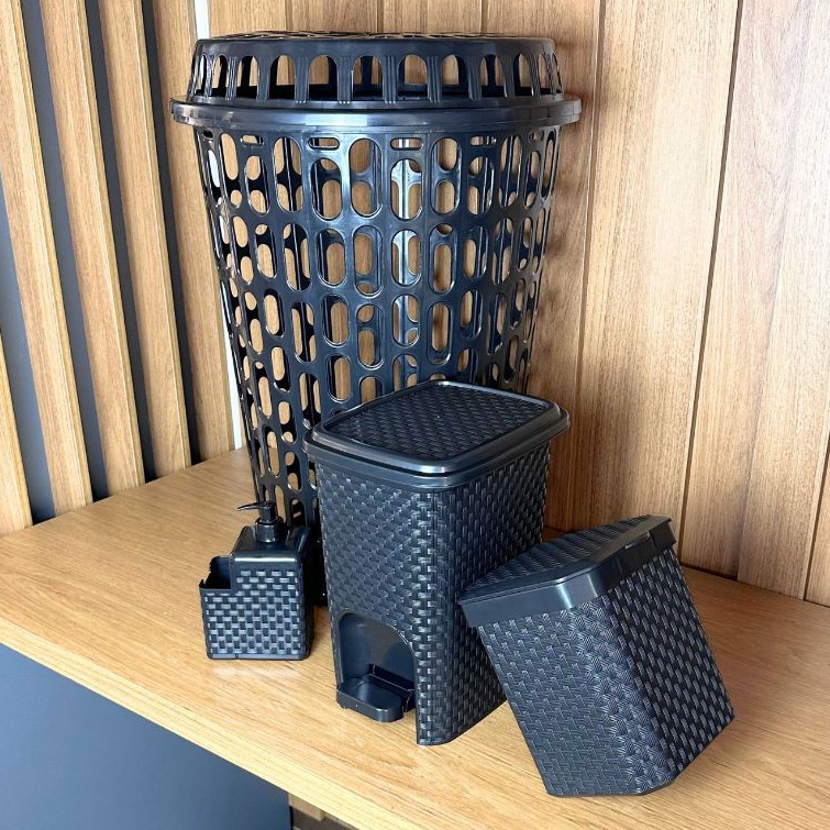 Conjunto Essenciais 04 peças: Cesto Telado 60l + Lixeira  07l + Lixeira 05l + Porta Detergente CONCPT