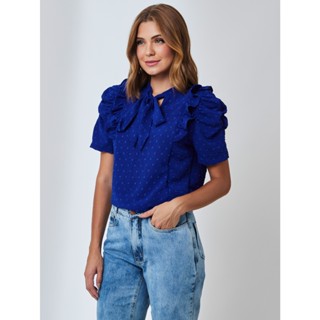 Blusa feminina social Manga bufante com gola de laço