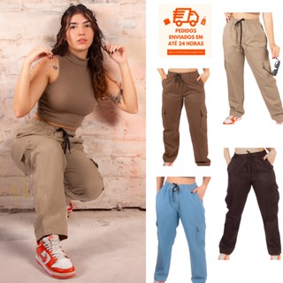 Calça Cargo Sarja Street Skate Larga Bolso Lateral Unissex Fechamento Cordão