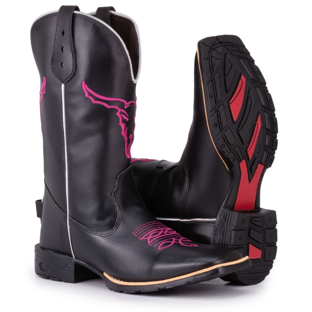 Bota Texana Feminina Country Bico Quadrado Boi Black Pink