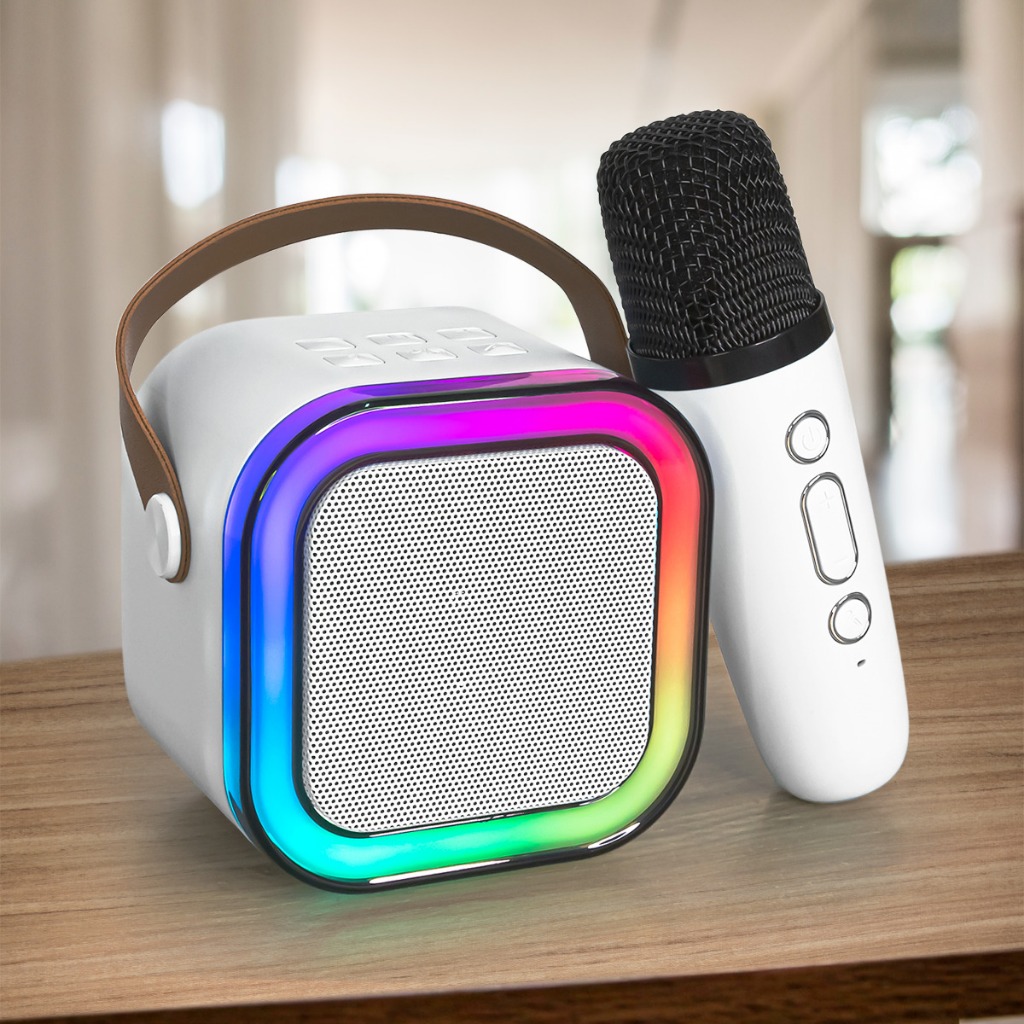 Caixa De Som Com Microfone Bluetooth Karaokê Sem Fio Brincadeira Família Criança 10W Led RGB