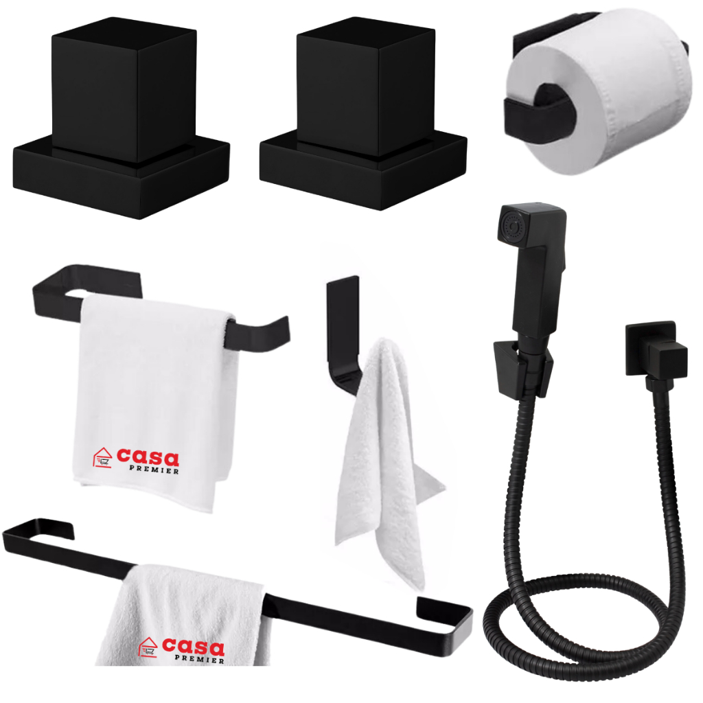Kit Acessórios Banheiro Luxo Todo Preto Fosco Ducha Higiênica Lavabo 02 Acabamen
