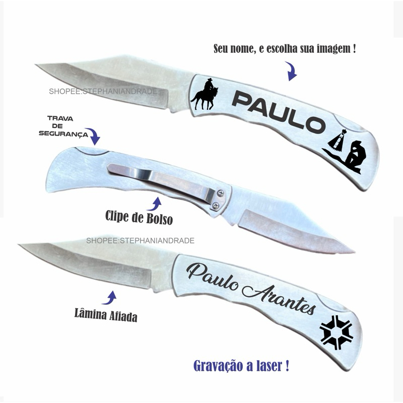 Canivete De Bolso Inox Personalizado C/ Presilha em Oferta na Shopee