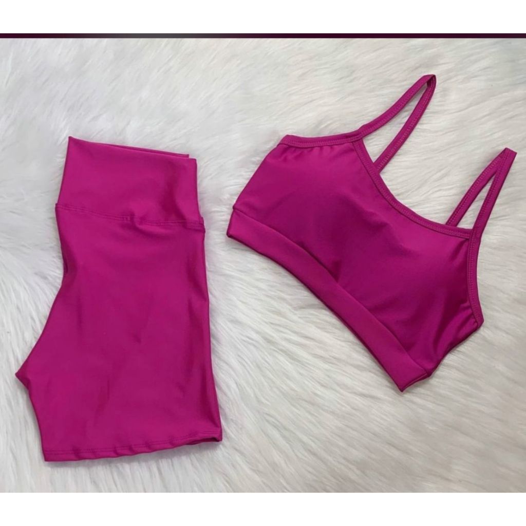 Conjunto Feminino Short Meia Coxa Cintura Alta e Top com bojo em Suplex Power Liso Zero Transparência Fitness para Crossfit e Academia