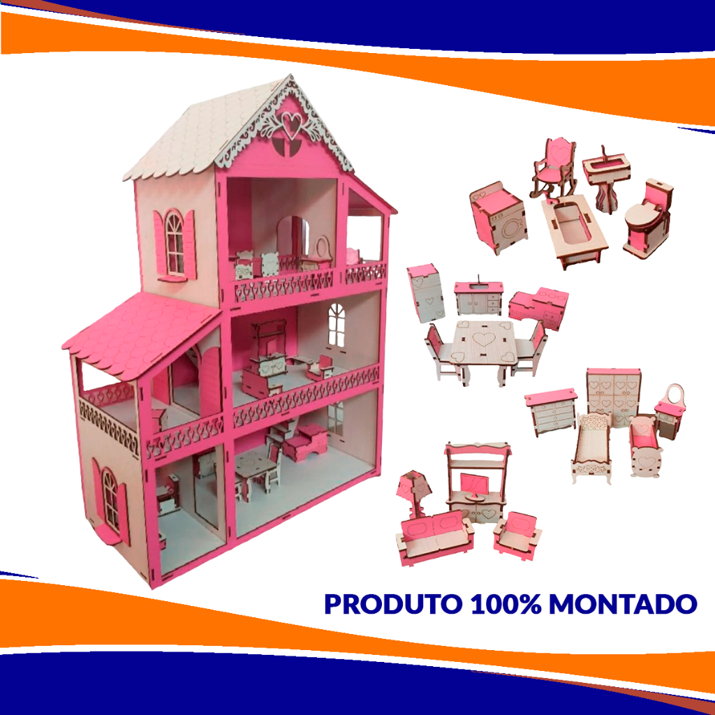Casinha Boneca Montada 20 Moveis Madeira MDF Cor Rosa Brinquedo Crianças Casa Organização Decoração