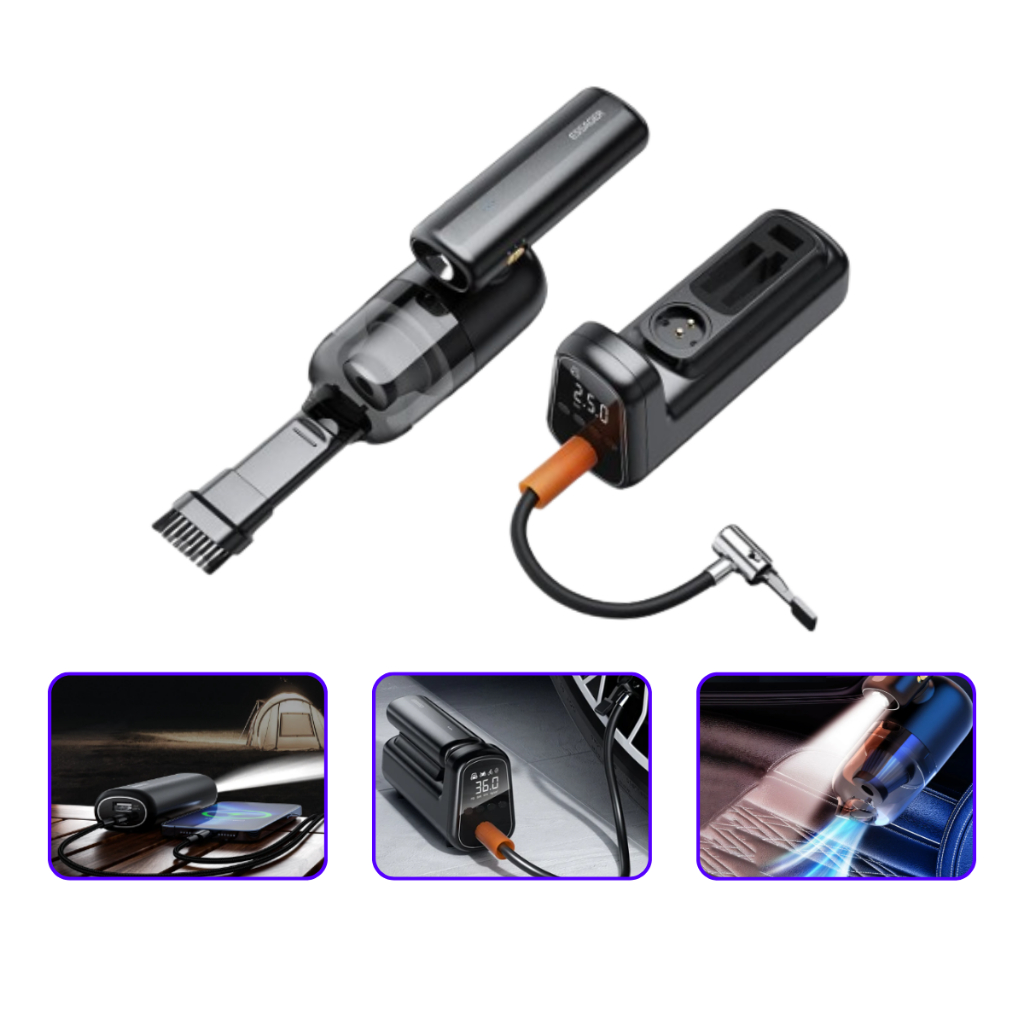 Aspirador de pó sem fio para carro portatil soprador automotivo 5em1 usb bomba encher pneu digital de led multifuncional 150ml 2 baterias recarregavel Carregador de Celular Lanterna de Emergência