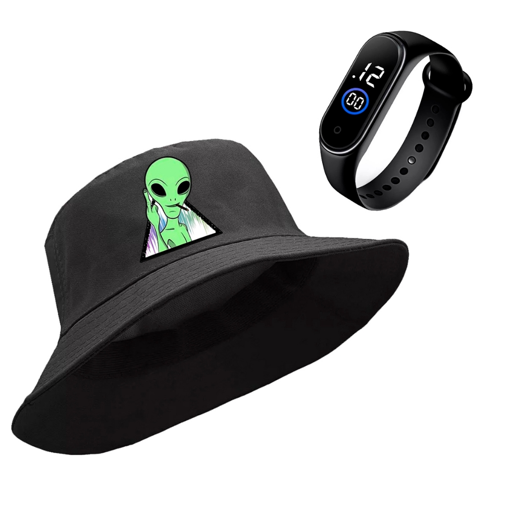 Kit Bone Chapeu Bucket Hat Et Dedo Medio Alien Rave Eletronic + Relogio SmartWatch Digital Esportivo