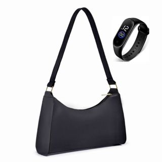 Bolsa Baguete Feminina Corrente de Lado Tiracolo Transversal de Ombro Pequena Barata + Relógio