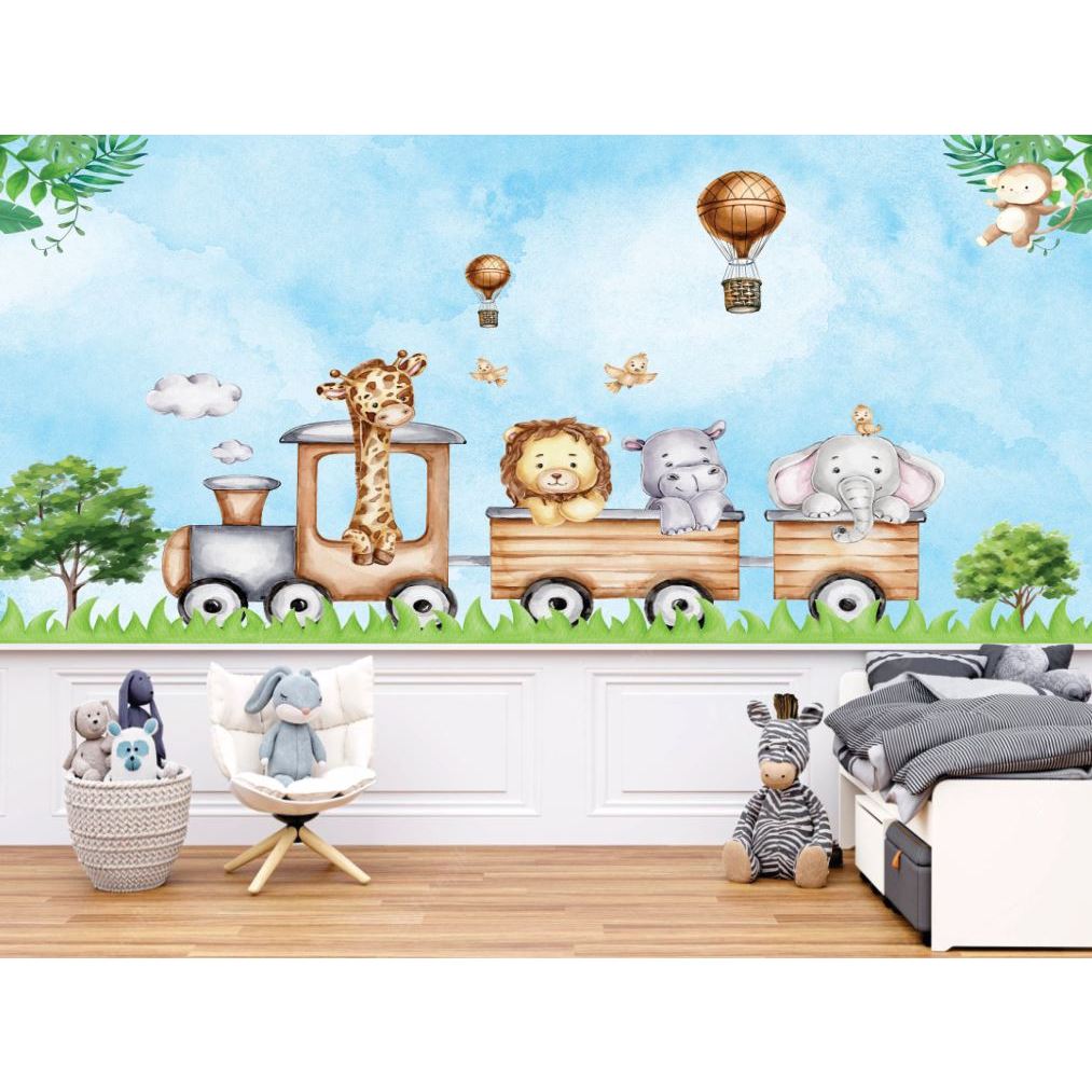 Papel de Parede Infantil Trenzinho do Safari de madeira Aquarela