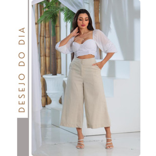 CALÇA PANTACOURT FEMININA LINHO CAPRI MIDI BOTÃO BOLSO PERNA LARGA FLARE CINTURA ALTA OCAS...