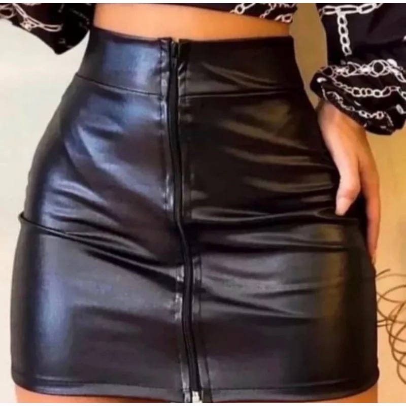 Saia Feminina De Couro Fake Tecido Cirre Saia Preta com Ziper P ao G3 em Oferta na Shopee
