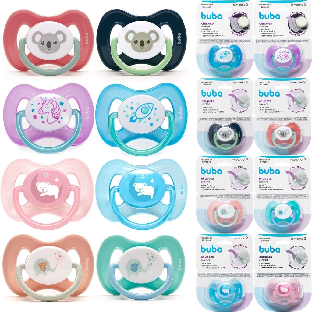 Chupeta Buba Tamanho 2 Comfort Utra Soft Infantil +6 meses Azul Rosa com Tampa