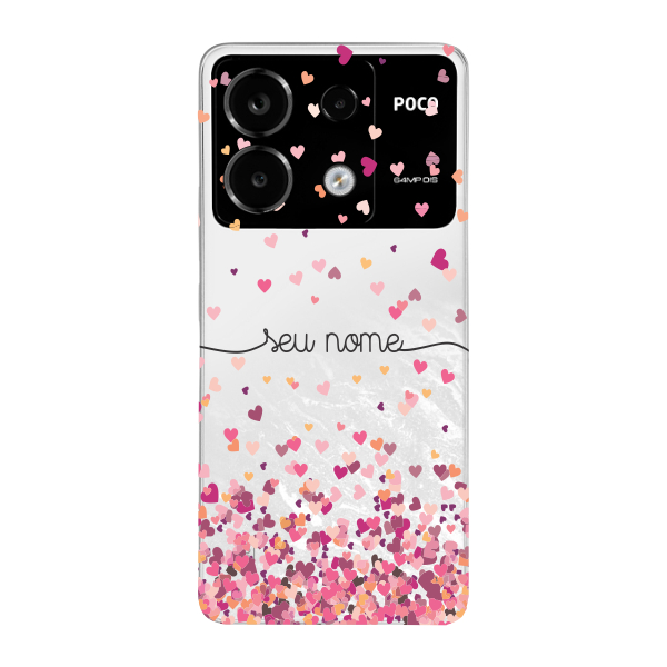 Capinha para Xiaomi Poco X6 Anti Impacto Personalizada - Chuva de corações rosa com nome