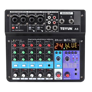 TEYUN Consola de mistura de som portátil 6 canais Bluetooth Placa de som USB Reproduzir Gravar Computador Reproduzir Áudio Misturador Transmissão Podcast