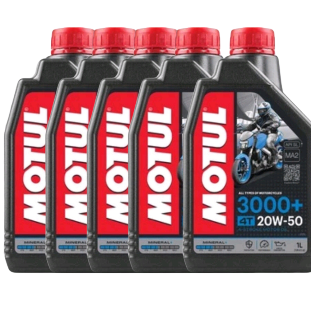 Kit Óleo motul 3000+ 4T 20W50 Mineral com 5 litros motul. Óleo e lubrificantes para motocicletas