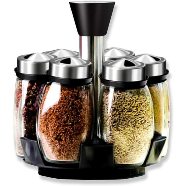 Porta Condimentos e Temperos Cozinha Giratório - Suporte com 6 Potes em Vidro + Suporte inox