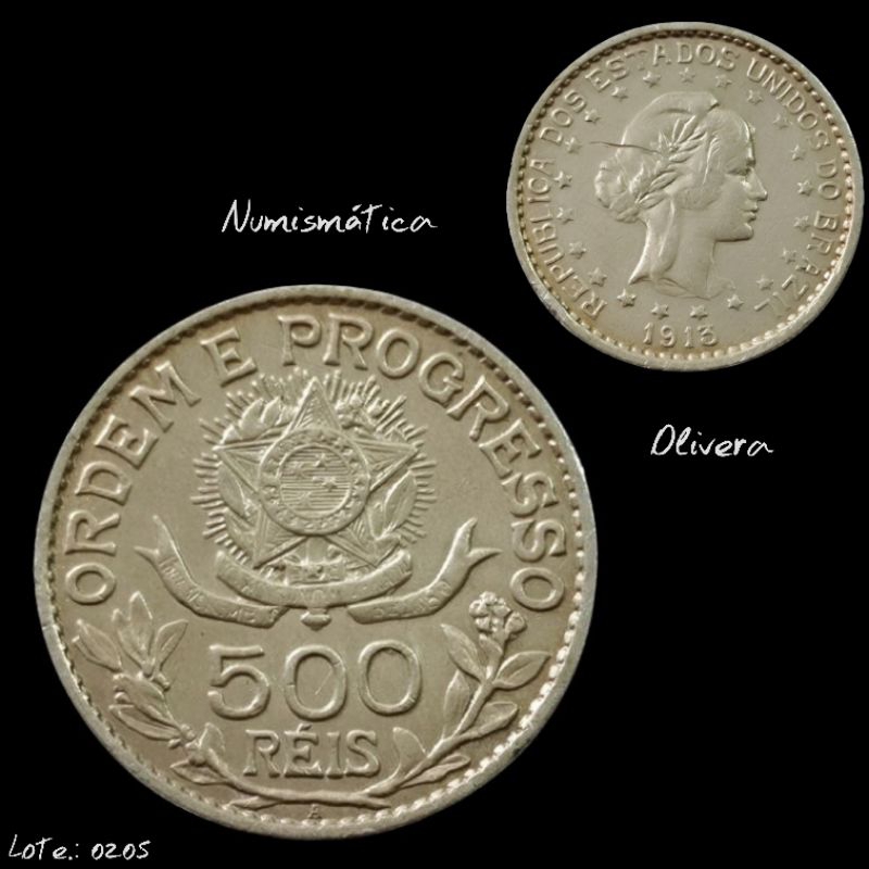 L.: 0512 - Moeda antiga de Prata Brasil 500 réis 1913 estrelas soltas.