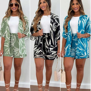 Conjunto short com elastico na cintura e cardigan, estilo estampados em alta, manga médio lançamento2025 em Oferta na Shopee