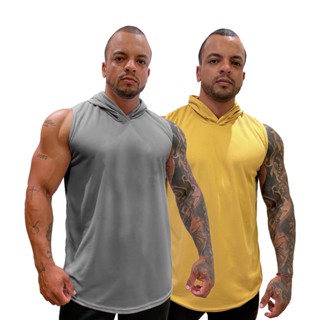 Kit com 2 Regatas Masculina Longline em Dry com Capuz Lisa Sem Estampa Básica - Bombey