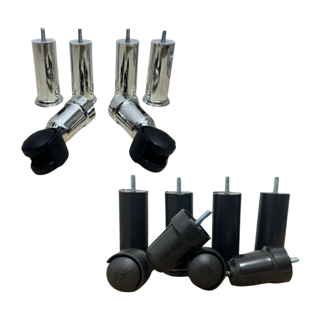Kit 6 Pés para cama box de solteiro/casal/ 4 pés fixos e 2 com rodinhas de plástico Preto ou Cromado