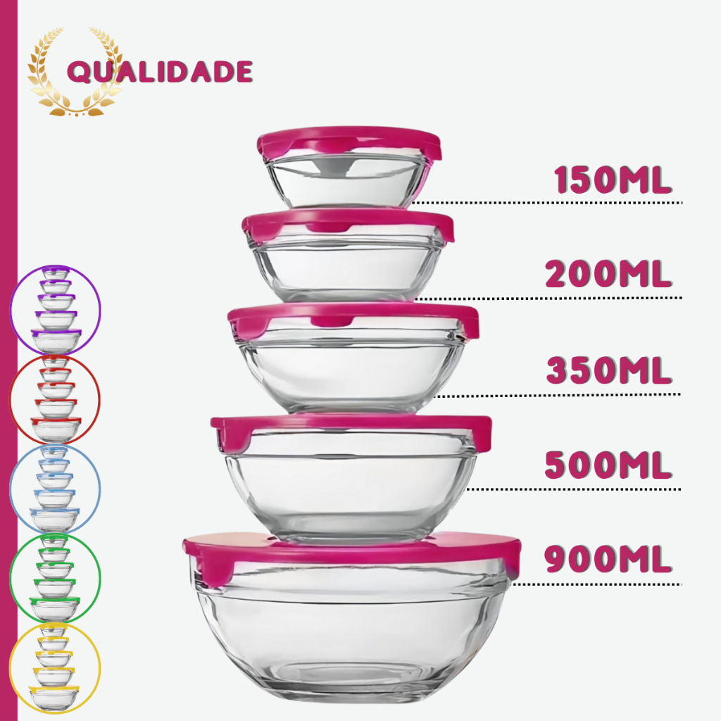 Conjunto 5 Potes Em Vidro Com Tampa Vasilhas Tigelas Bowls Marmita Para Armazenamento De Alimentos