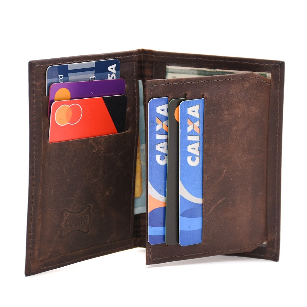 Carteira de Couro Legitimo Masculina Porta Cartão Novo Rg Cédula Moeda Documentos Compacta Slim