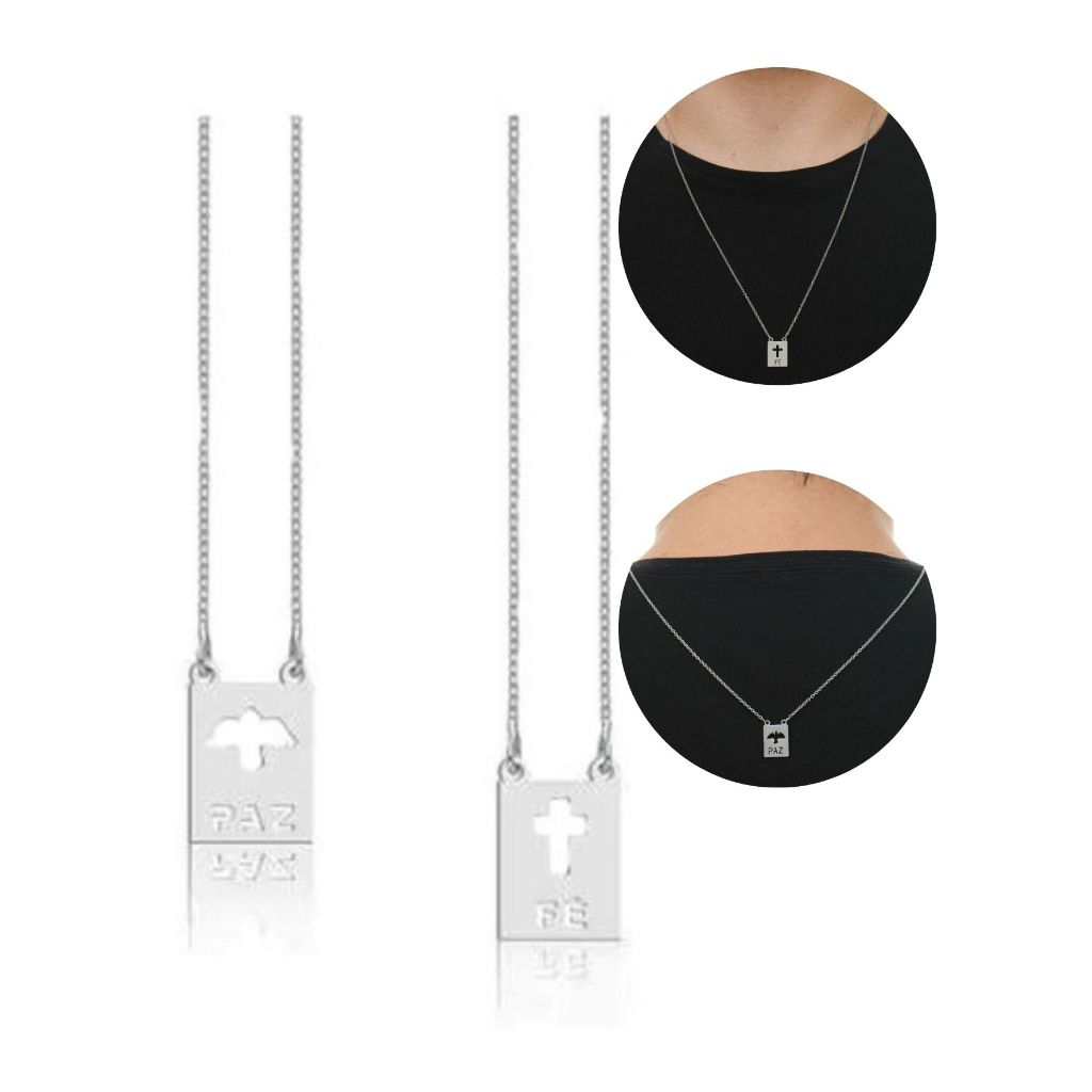 Colar Corrente Escapulário Pingente FÉ PAZ Cristão Evangélico Masculino Feminino Aço Inox Antialérgico