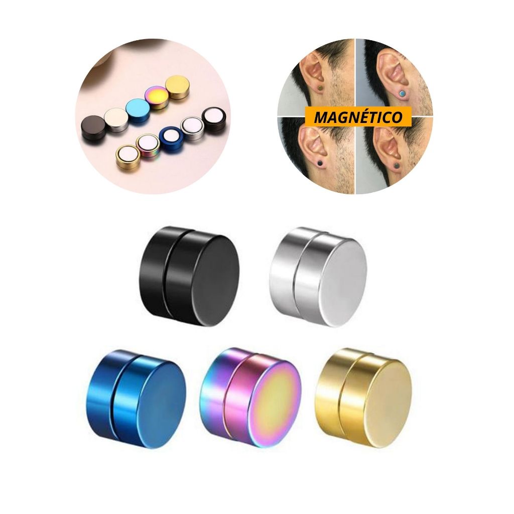 Brinco Falso Alargador Magnético Ímã Pressão Masculino Feminino Preto Prata Dourado Colorido Aço Inox Antialérgico