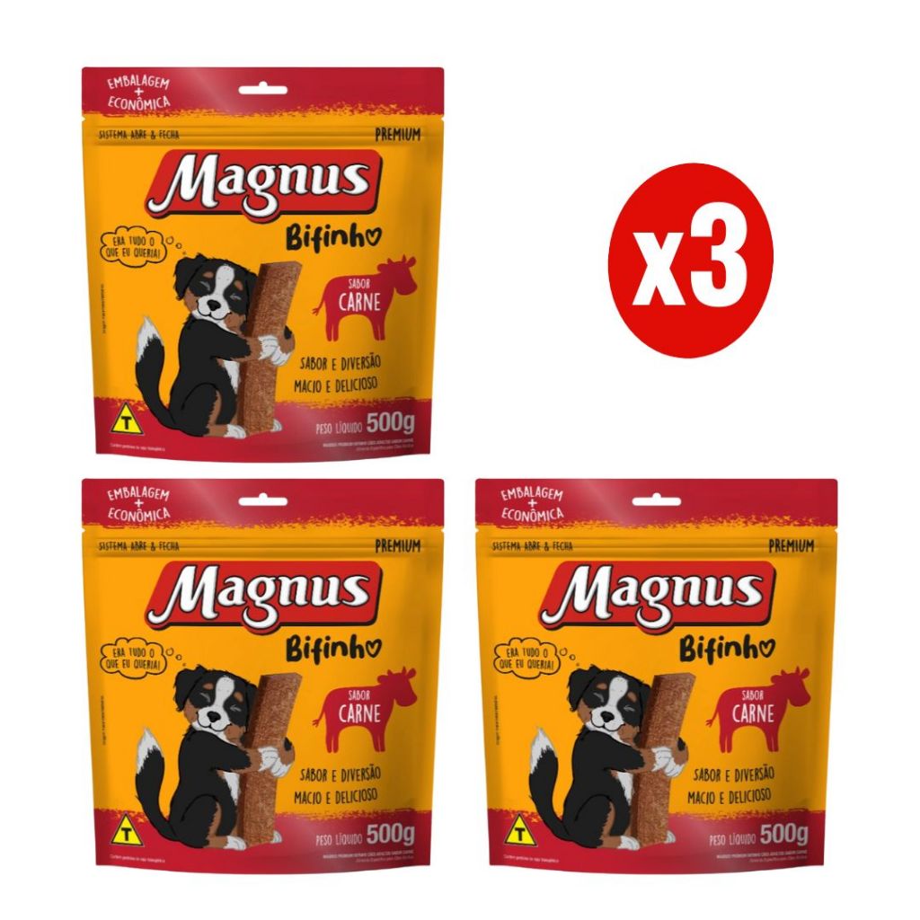 Kit 3 Magnus Bifinhos Mastigáveis 500g para Cães Sabor Carne Adimax em Oferta na Shopee
