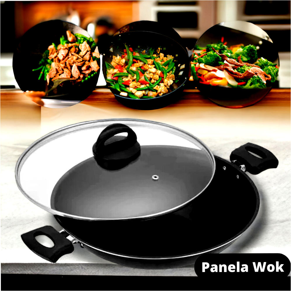 Panela Wok Antiaderente com Tampa Preta Cozinha Frigideira Wok Grande Antiaderente com Tampa Preta Premium