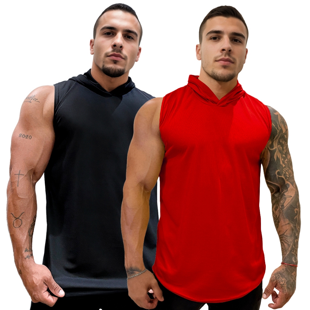 Kit com 2 Camisetas Regatas Masculina Longline em Dry com Capuz Lisa Sem Estampa Básica - Bombey