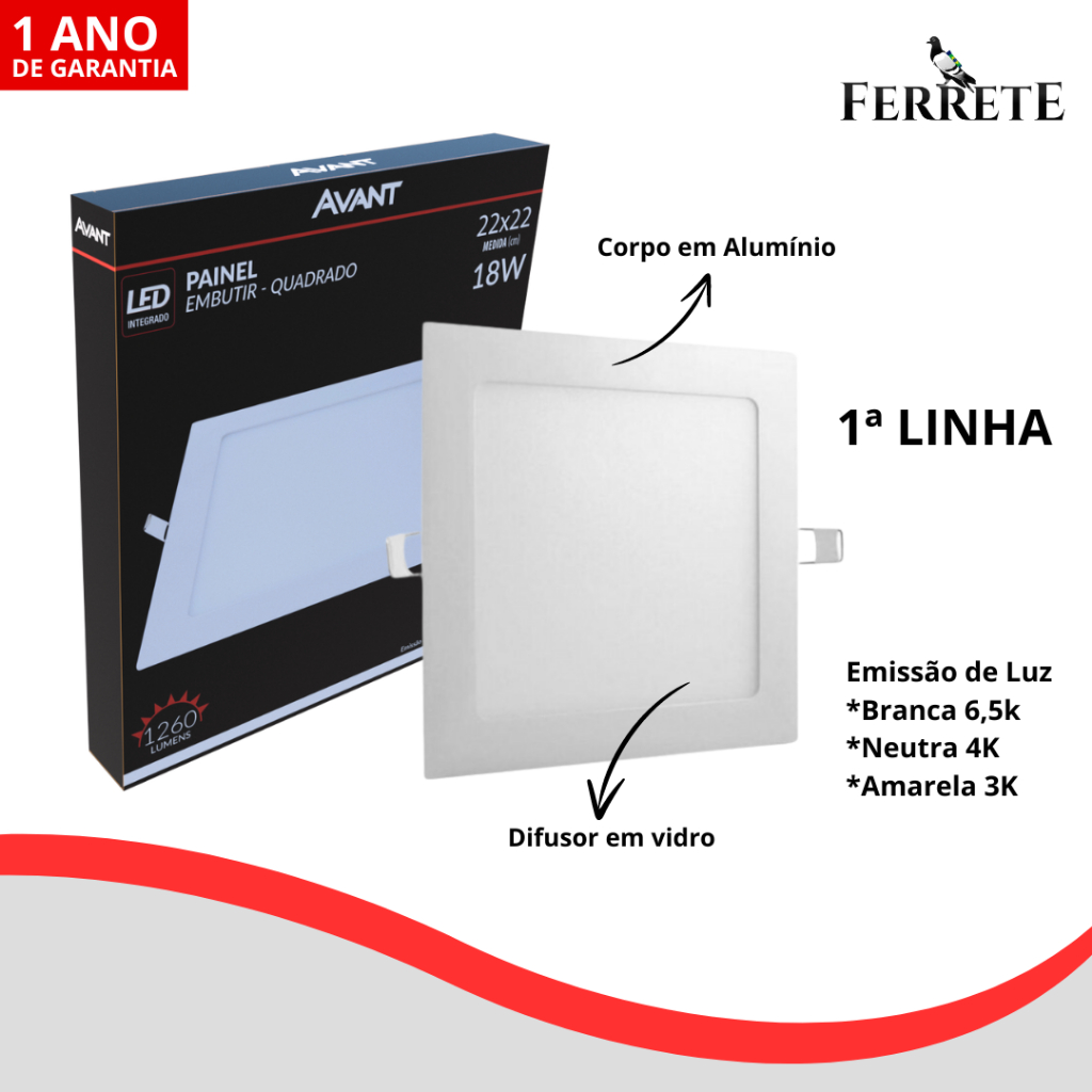 Painel Plafon Led Embutir Quadrado 18w Avant - 1ª Linha 22x22cm em Oferta na Shopee