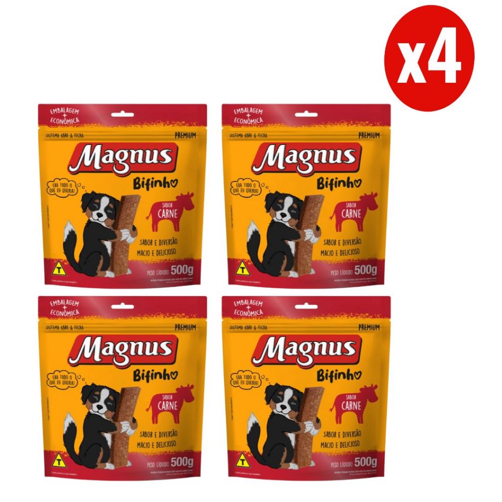 Kit 4 Magnus Bifinhos Mastigáveis 500g para Cães Sabor Carne Adimax