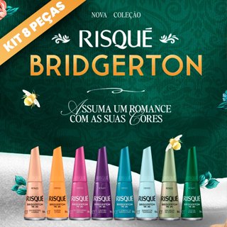 Kit Esmalte Risqué Bridgerton Coleção com 8 cores - Querida Leitora, A Autora Revelada, Diamante da Temporada, Sua Majestade, a Rainha, Uma Abelha me Contou, A Vez da Penélope, Regendo Minha História e Escândalo de Whistledown. Lançamento